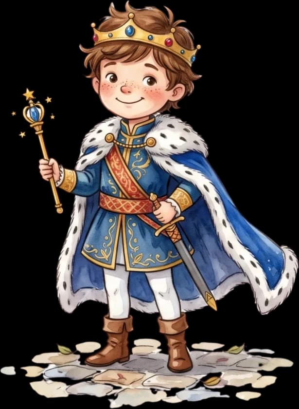 Young prince in royal blue cape and crown — Storybook Photos